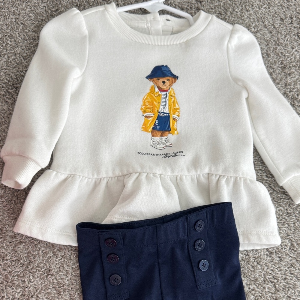 Baby Ralph Lauren White Top with Bear and Navy Pants
